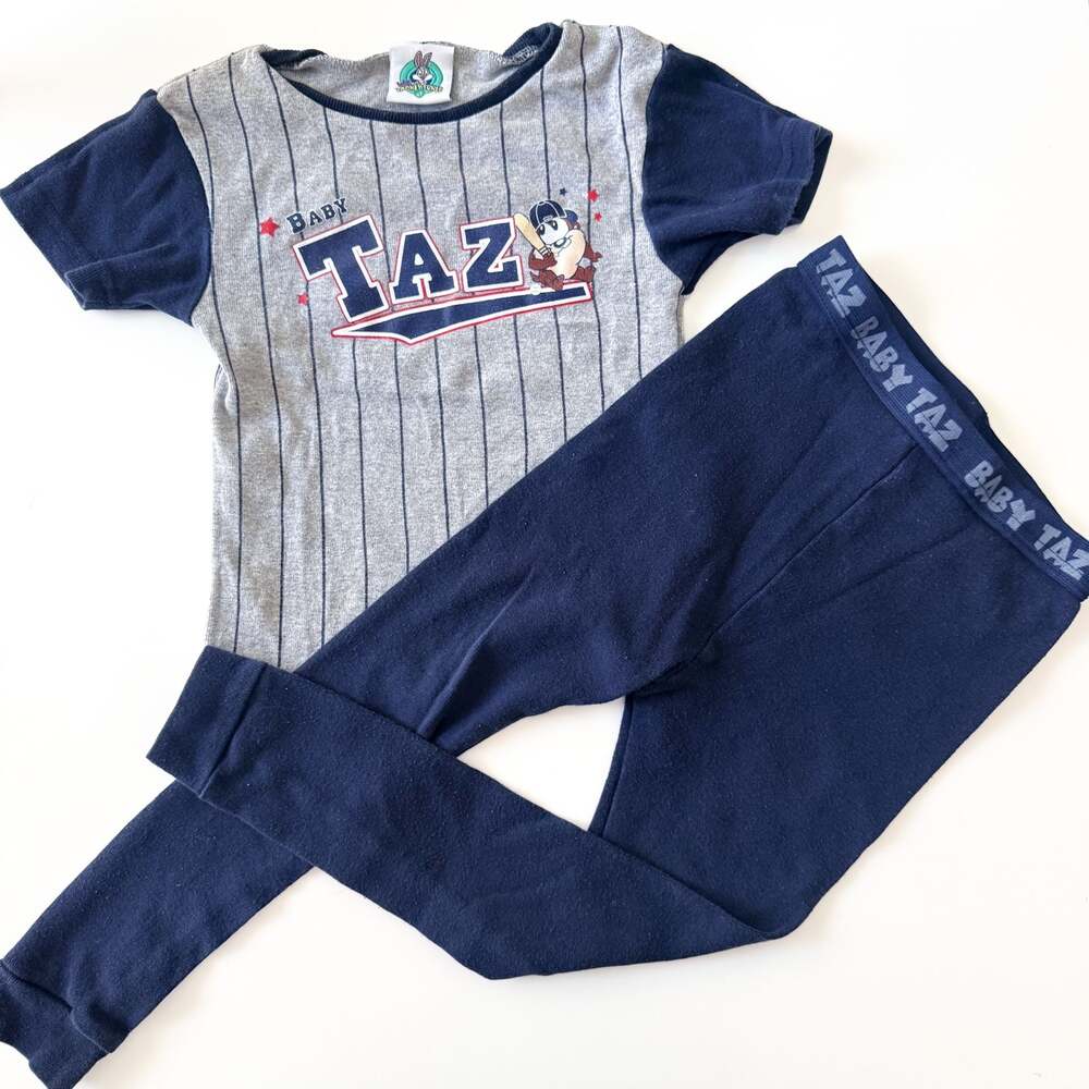 Vintage Baby Looney Tunes Baby Taz Baseball Graphic Pajama Set HTF